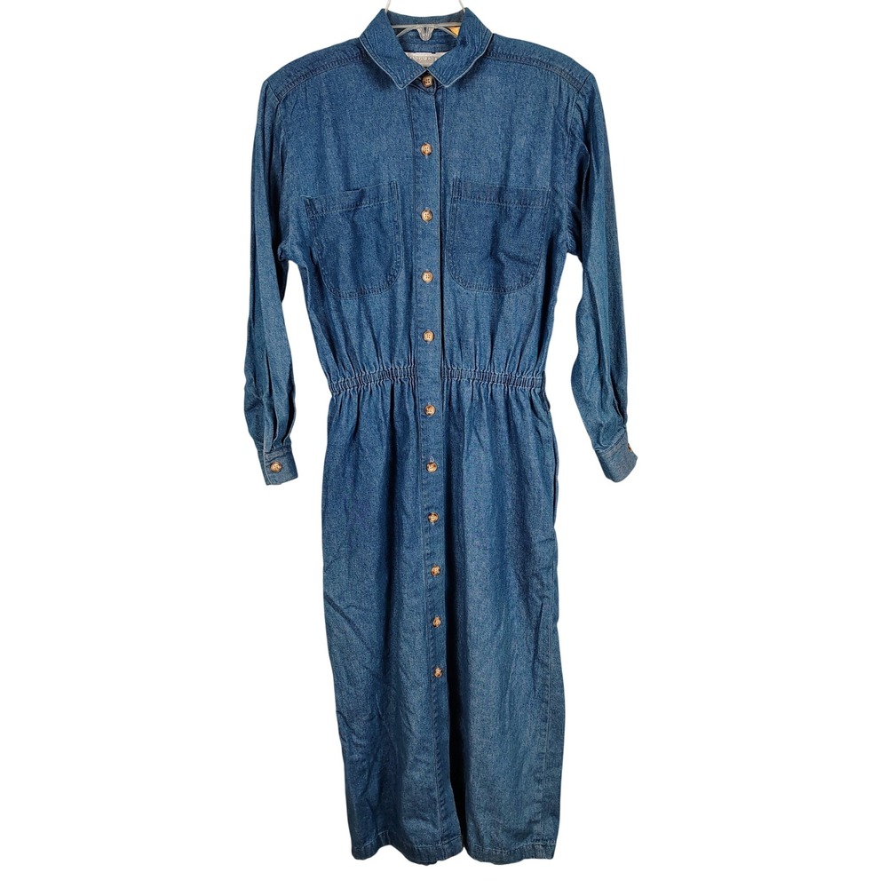 Lands End Womens SZ 8 Denim Midi Dress Blue Cotton Cottagecore Americana 90s